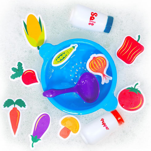 Tub Works Tub Soup Scoop, Strain & Play Toddler Bath Toy | Floating Foam Veggies, Ladle for Scooping & Soup Pot