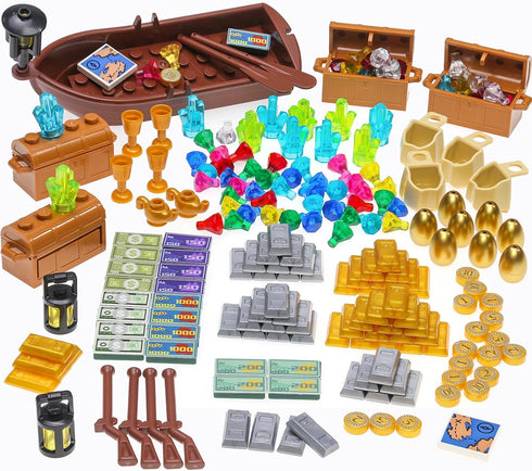 220 Pcs Pirate Treasure Money Parts Building Blocks, Expedition Wooden Boats Treasure-Maps,