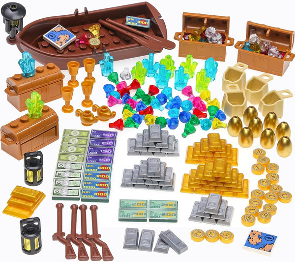220 Pcs Pirate Treasure Money Parts Building Blocks, Expedition Wooden Boats Treasure-Maps,