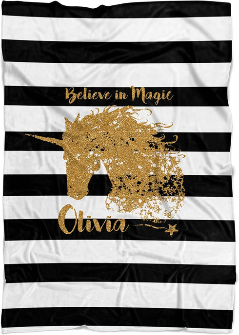Unicorn Blanket - Black Stripe, Gold Glitter Unicorn Personalized Name Blanket