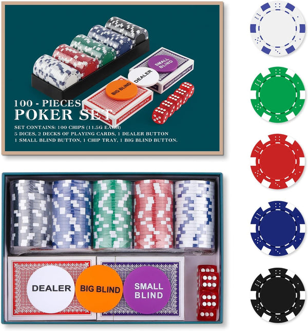 Poker Chip Travel Set - 100PCS 5 Color Professional Poker Chips in Cardboard Gift Box for Casino Card Games