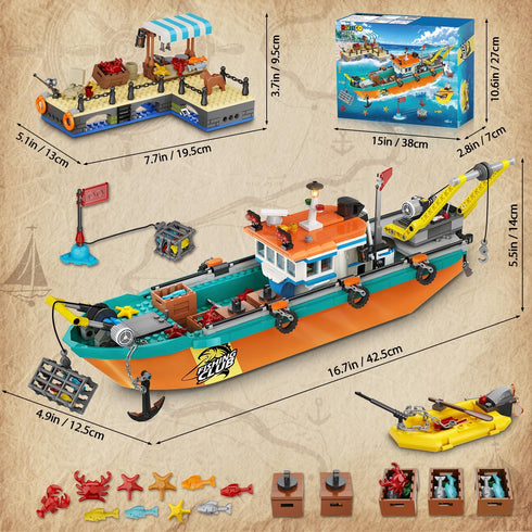 Set 6 7 8 9 10+, 762PCS City Fishing Boat Wharf Building - Floatable Sea Fishing Ship Building Block Kit with Speedboat