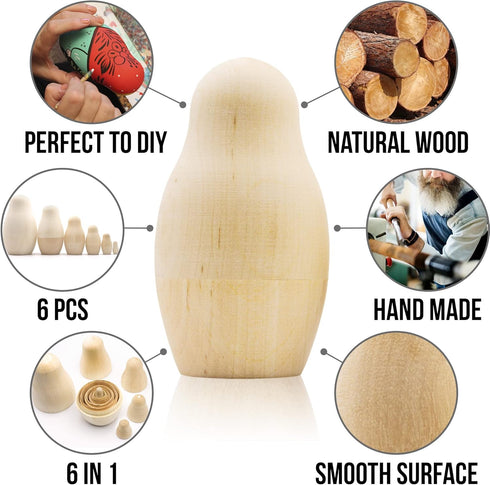 AEVVV Blank Nesting Dolls Set 6 pcs, Unpainted Russian Nesting Dolls for DIY Painting