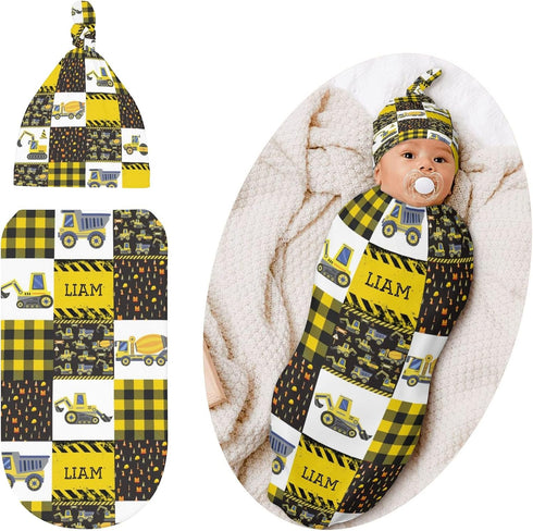 YallLocoMo Personalized Baby Swaddle Blanket for Boys Girls Construction Traffic Car Custom Name