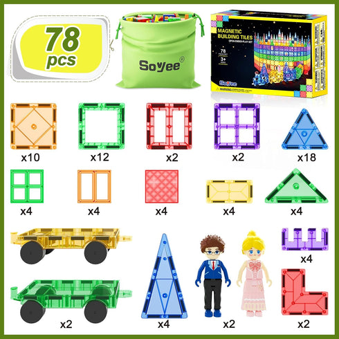 Soyee Magnetic Tiles with 2 Cars, Kids Gifts for 3 Year Old Boys, Educational Toys for Toddlers Age 3-5, Car Train