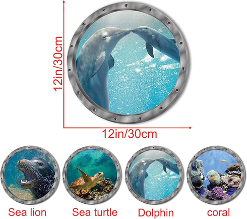 4 PCS Removable 3D Under The Sea Wall Decals, Animals Wall Sticker Home Decor for Bathroom & Kids Nursery Room