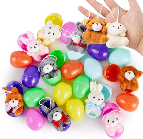 24 JOYIN Pcs Pre-Filled Easter Egg with Plush Bunnies and Bears, Plush Animal Keychain for Kids Easter Egg Hunt, Goodie