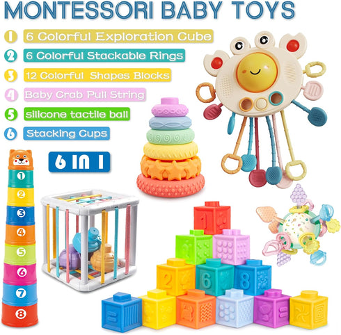 SYUUKH 6 in1 6-12 6-12 12pc 2 Montessori Baby Toys MonthsMontessori Toy for Babies MonthsIncl Building Blocks &Silicone