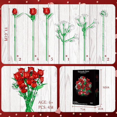 eafzv Set Mother's Day Roses Flower Bouquet Kit, Red Rose Building Flower Bouquet Kit for Adults & Kids, DIY Artificial