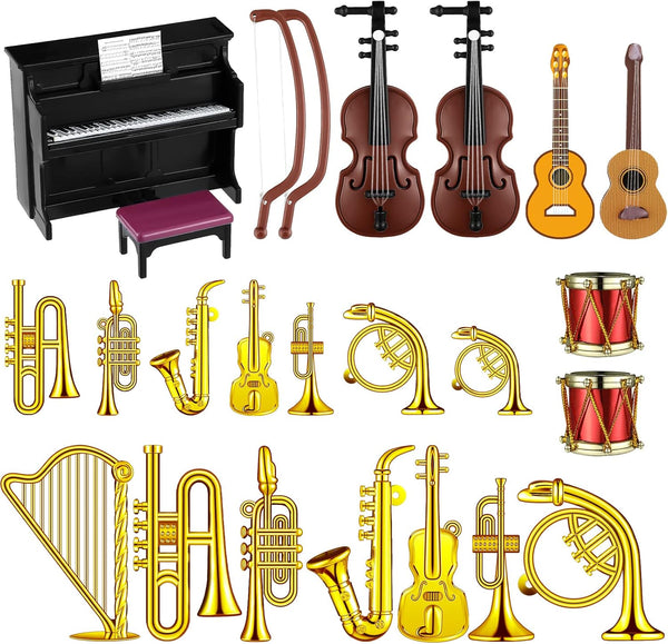 24 Pieces Dollhouse Miniature Musical Instruments Set, Violin, Piano, Trumpet, Saxophone, Electric Guitar (Black Piano)