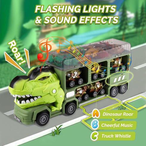 21 in 1 Dinosaur Truck Toys for 3-7 Year Olds, T-Rex Transport Car Carrier with 5 Pull Back Cars and 9 Dino Figures