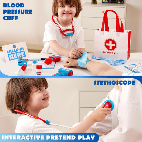 Kids Doctor Kit, 16-Piece Pretend Play Medical Kit with Bag, Realistic Toy Stethoscope, Dress Up Doctor Playset