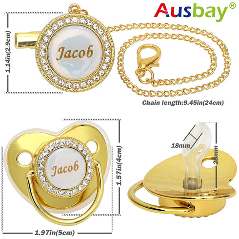 Set Personalized Pacifier with Name, BPA Free, Bling Gold Silver Pink Rose Gold Luxurious Ideal Gift for Newborns