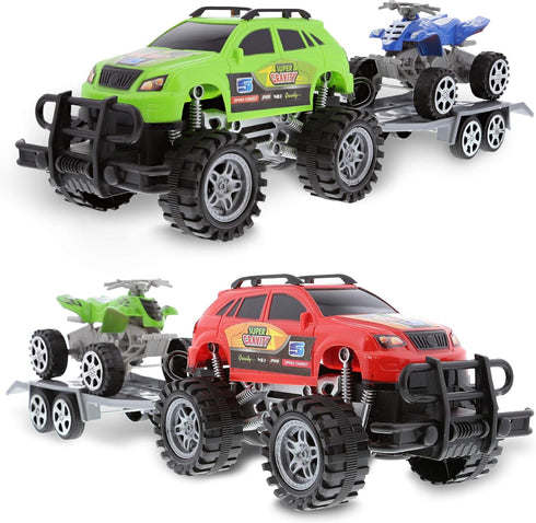 Mozlly 2 Sets of Friction Powered Monster Trucks with SUV Towing ATV Trailers - Realistic Truck and Trailer Toys