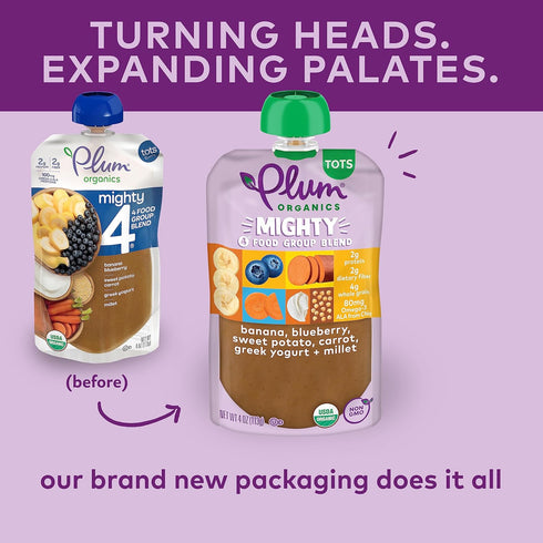 Plum Organics Mighty 4 Organic Toddler Food - 4 oz Pouch (Pack of 4) - Banana, Blueberry, Sweet Potato, Carrot, Greek