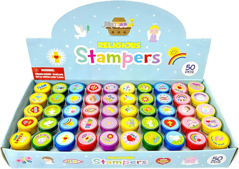 Tiny Mills 50 Pcs Religious Assorted Stampers for Kids, Religious Prizes, Carnival Prizes