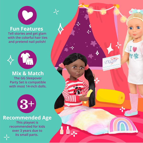 Glitter Girls Sleepover Party & Backpack Set - Tie-Dye Sleeping Bag, Rainbow Pillow, Pizza Play Food, 14-inch Doll