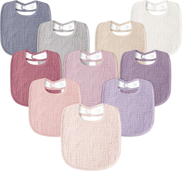 Muslin Baby Drool Bibs 10 Pack, Soft Square Adjustable Bandana Bibs for Unisex Newborns