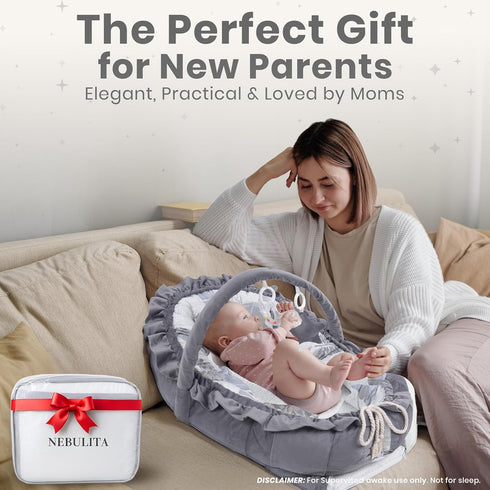 Nebulita 100% Newborn Lounger Leaf Gray - Flexible & Portable w/Infant Support Cushion, Soft & Breathable Cotton