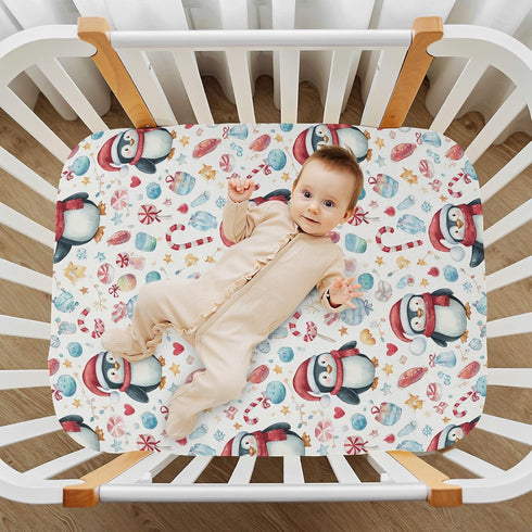 Sheet,39x27IN Pfrewn Christmas Crib Sheets for Boys Girls Cute Penguins Winter Holidays Fitted Crib Sheet for Mini Crib