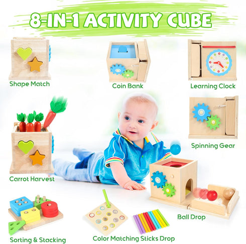 Montessori Toys for 1+ Year old, 8-in-1 Wooden Play Kit includes Object Permanent Box, Learning Activity Cube, Sorting & Stacking Toy, Carrot Harvest Game, Gift for Boys Girls Age 12+ Months