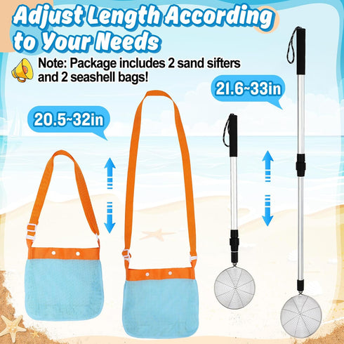 2 Pack 21.6"~33" Sand Sifter with Seashell Bags - Adjustable Shark Tooth Sifter for The Beach Seashell Collecting, Mesh