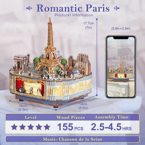 Tonecheer Wooden Music Box Puzzle for Adults, DIY Rotating Music Box Kit, Romantic Paris