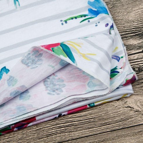Newborn Girls Receiving Blanket Headband Set, Flower Baby Swaddle Blankets (0-6 Months, Striped)