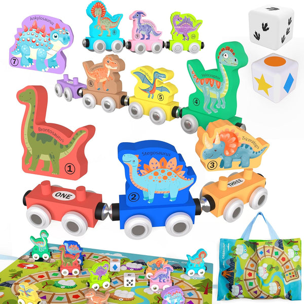 ORBRIUM Wooden Train Set Magnetic Dinosaur Trains Montessori STEM Toys Number Counting