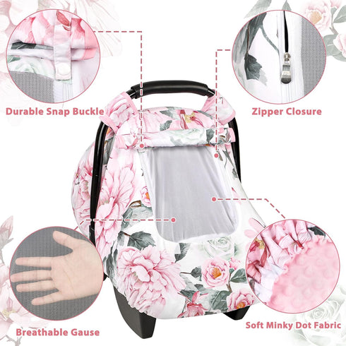 2 3D Pea Pod Car Seat Cover for Baby Girls, Floral Infant Car Seat Canopy Cover for Newborn, with Layers Windows