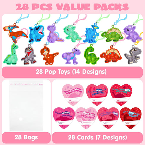 28 Packs JOYIN Valentine's Day Gift Cards with Pop Fidget Keychain Toys, Dinosaur Stress Anxiety Relief Fidget Toys