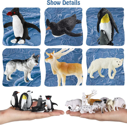 RCOMG 14PCS Mini Arctic Animal Figures, Realistic Sea Animals Toys Playset with Reindeer, Penguins, etc.