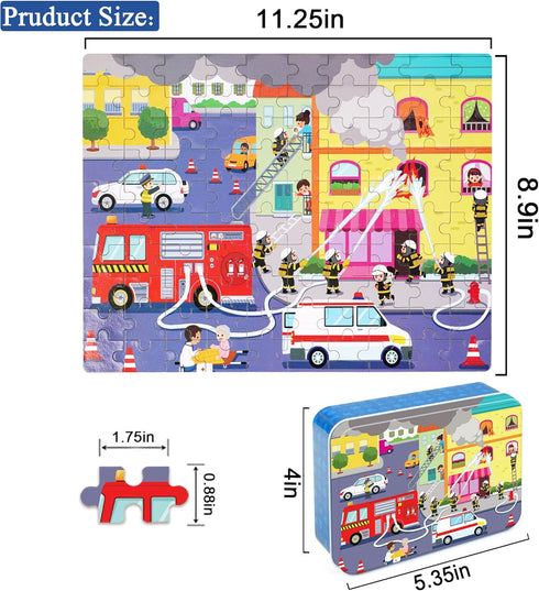 100 4-8 LELEMON Pieces Jigsaw Puzzles in a Metal Box for Kids Age for Boys Girls Toy Puzzles Fire Truck Ambulance