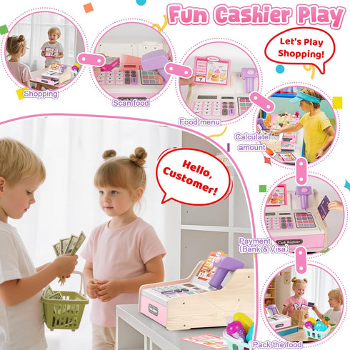 2-4 4-8, Wooden Cash Register for Kids, Rechargeable Kids Cash Register with Scanner, Pretend Play Cash Register Toy
