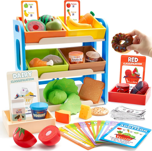 lalalark Playset, 6 JOVA Play Food for Toddlers, Kids Grocery Store Pretend Kitchen Food Toy with Storage Shelves