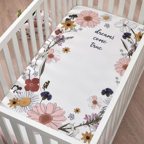 100% NoJo Keep Blooming Pink, White, Purple and Gold 'Dreams Come True' Wild Flowers Cotton Photo Op Nursery Fitted