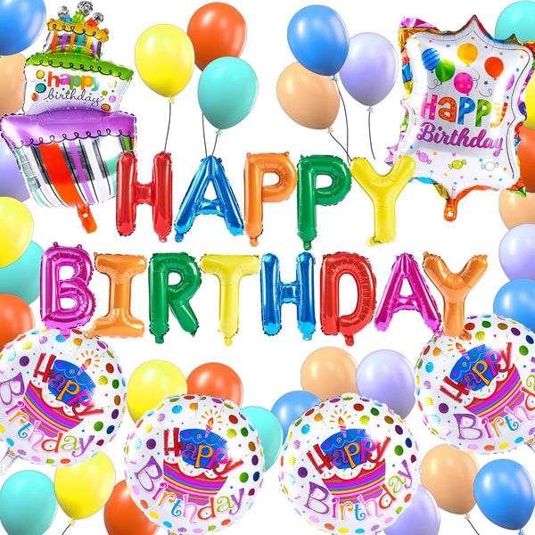 PartyWoo Happy Birthday Balloons - 37 pcs Mylar Letter Foil Balloons and Colorful Banner for Rainbow Birthday
