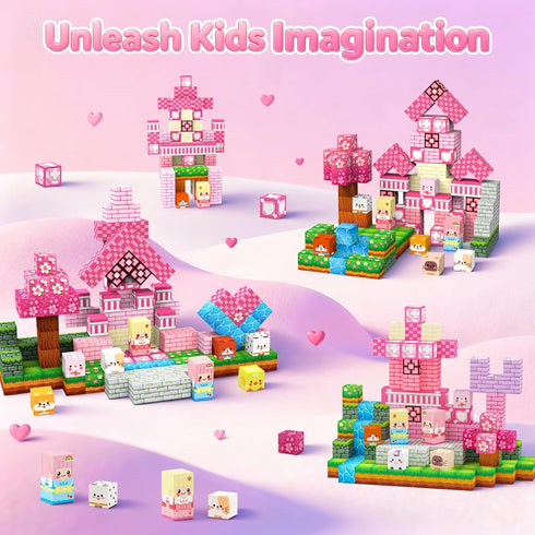 Laoren 4-12 Castle-150pcs) Magnetic Building Blocks, STEM Toys Educational Magnet Cubes for Kids Ages (Pink
