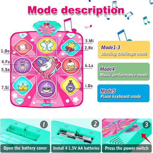 5 3-10 Kusntin Dance Mat, Dance Mixer Rhythm Step Play Mat, Pink Dance Pad with LED Lights, Adjustable Volume, Built