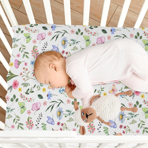 CaTaKu Crib,27"x 39" Baby Crib Sheets Tulip Wildflower Butterflies Mini Crib Sheets Fitted for Girls Boys,Neutral Soft