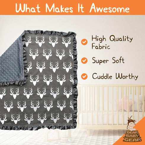 Dear Baby Gear Baby Blankets for Boys & Girls, Neutral Baby Blankets, Crib & Nursery Quilt, Antlers Grey with Ruffles