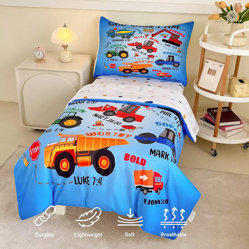 4 Set Set Piece Toddler Bedding for Boys,Cars Construction Toddler Bed Comforter Includes Comforter,Flat Sheet,Fitted