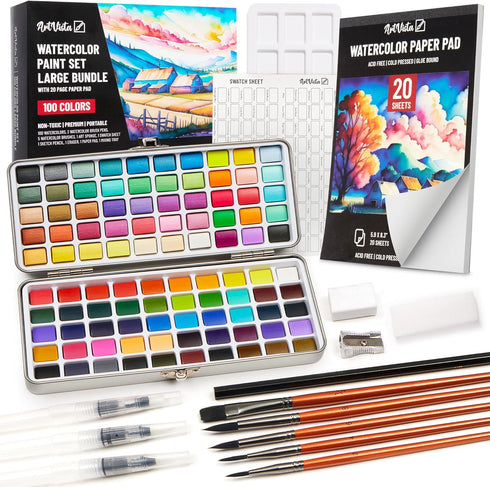 Art Vista Premium Watercolor Paint Set Bundle with 100 Bright Colors & Paper Pad