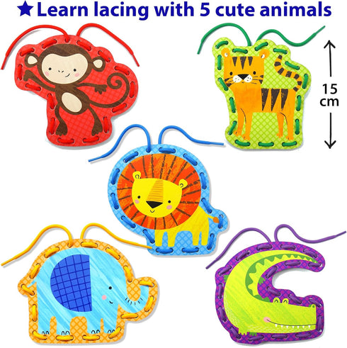 KRAFUN Beginner Preschool Lacing Card Kit for Kids Arts & Crafts, 5 Easy Safari and Animal Lacing Projects, Lacing Cards for Toddlers, Fine Motor Skills Training Toys by KRAFUN