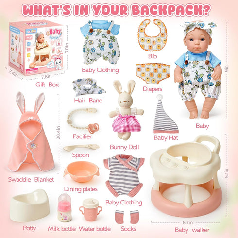 Cleboen Set 9'' 2 Sets 3 4 5 6 Baby Doll Accessories for Girls, Baby Doll with Clothes Doll Walker Chair Feeding Bottle