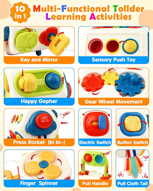Vanmor Busy Cube for Toddlers, Montessori Sensory Activities Busy Board, 10 in 1 Fidget Cube Baby Gifts