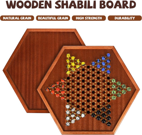 15-Inch Set 72 Wooden Chinese Checkers Board Game Classic Strategy Game with Glass Marbles, Dual-Sided Storage Drawer