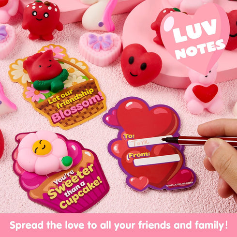 28 Packs JOYIN Valentines Day Gift Cards with Mochi Squishy Toys, Stress Relief Fidget, Cute Miniature Novelty Squeeze