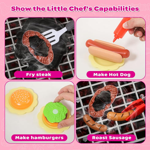 Set, Playset AuroTops Pink Kitchen Toy Kids Grill with Smoke, Sound & Light, Little Chef Play,Cooking Interactive Toys