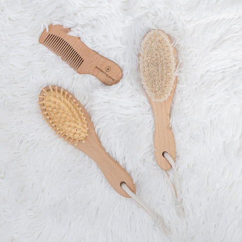 Set Natural Baby Brush - Wooden Brushes and Comb With Boho Travel Bag for Girl or Boy - Soft Goat Hair Brush for Cradle